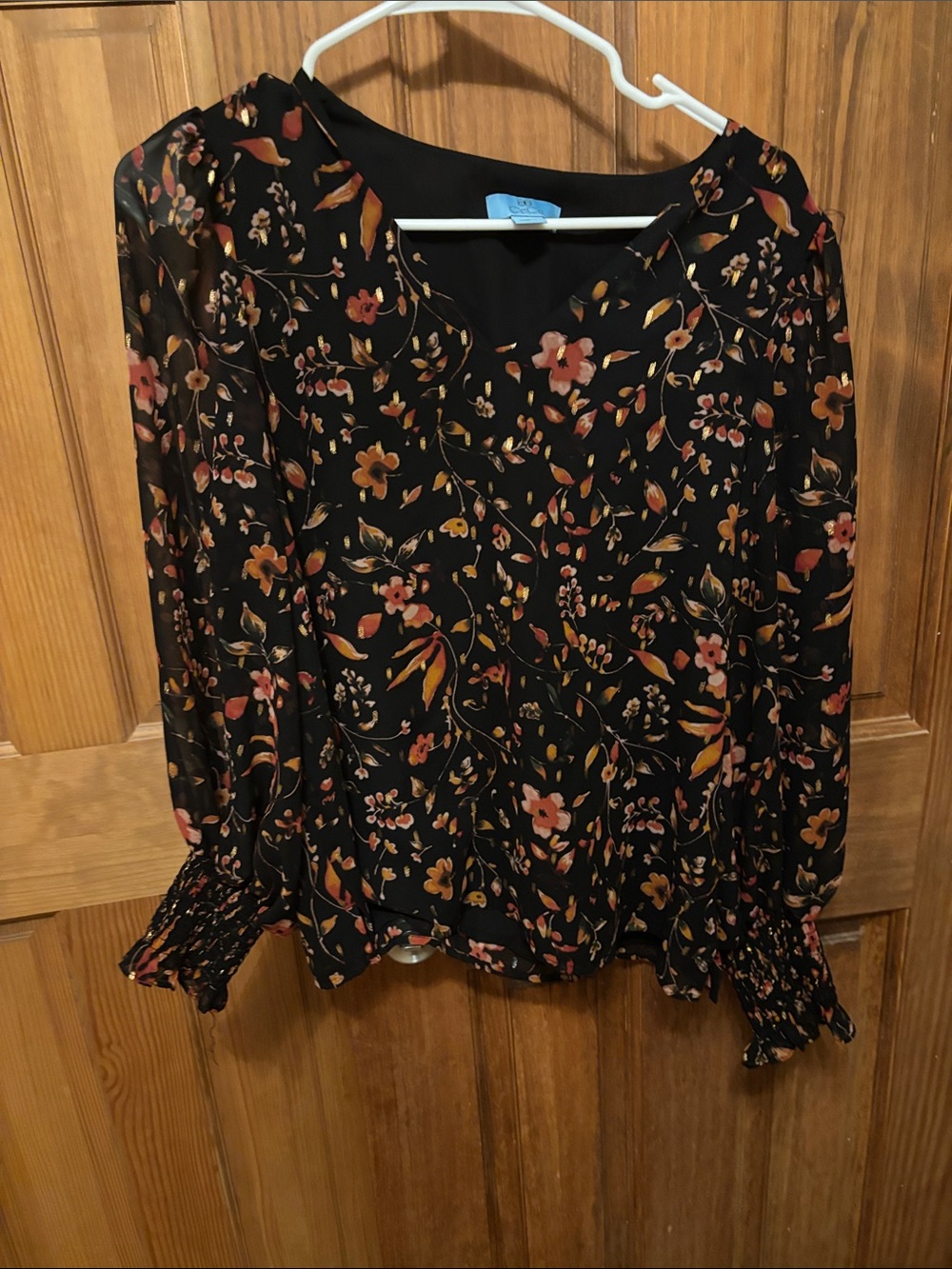 CeCe Black Floral V-Neck Blouse with Smocked Cuffs